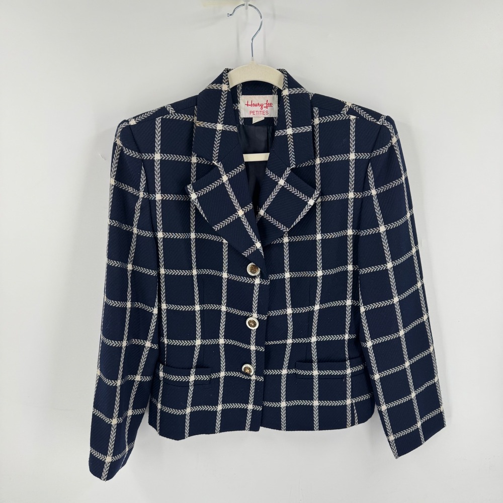 Henry Lee Plaid Blazer Navy 4P Vintage Professional Career Gold Buttons